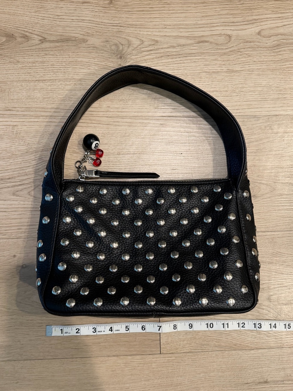 Studded Black Shoulder Bag with Charm